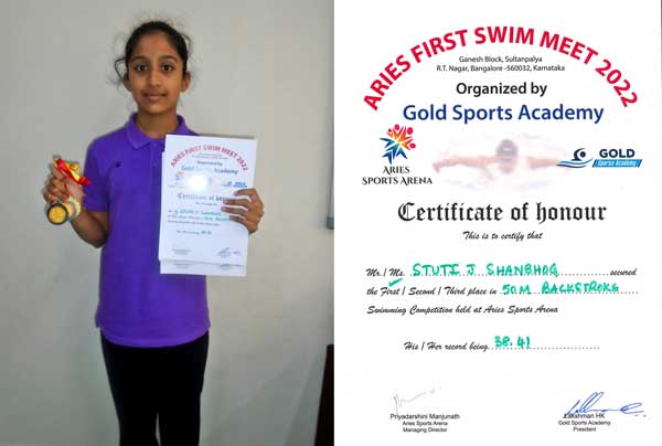 Stuti J Shanbhog of Grade 7 won 3 medals in Swim Meet