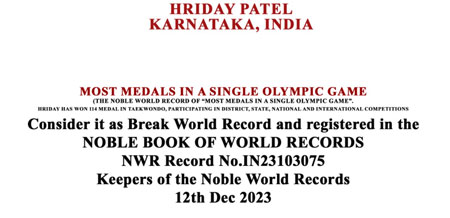 Hriday Patel of grade 4A JHS has set record in Taekwondo