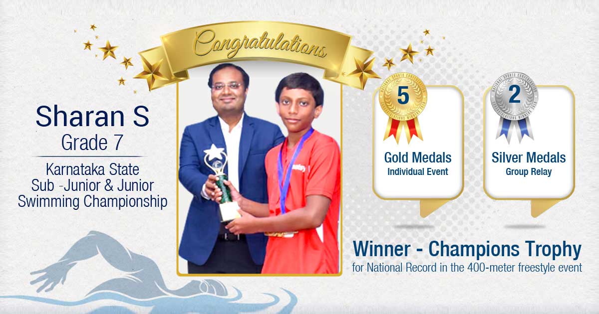 Sharan S of Grade 7 wins 5 Gold Medals and 2 Silver Medals in Junior Swimming Championship 2022-23